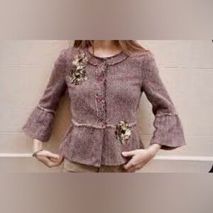 NWOT BCBGMAXAZRIA M Tweed Herringbone Peplum Blazer Jacket w/ Bell Cuffs Sequins